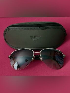 Emporio Armani Silver Frame Aviator Sunglasses with Gradient Black Lenses UV400